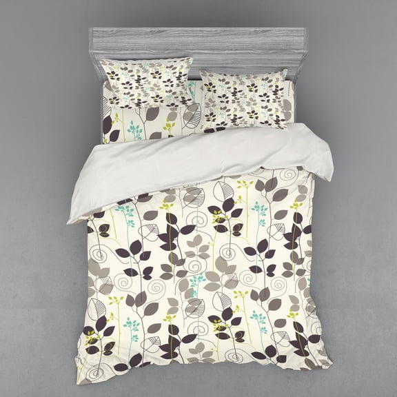 Ambesonne Floral Bedding Set 4 Pcs, Doodle Leaves Earth Tone, Queen, Dark Taupe Coconut