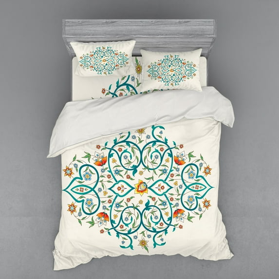Ambesonne Floral Bedding Set 4 Pcs, Eastern Style Strokes Leaves, Queen, Teal and Multicolor