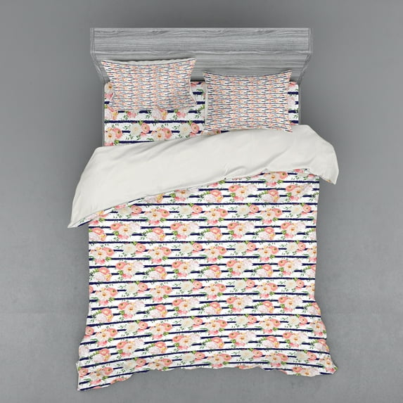 Ambesonne Floral Bedding Set 4 Pcs, English Garden Navy Stripes, Queen, Multicolor