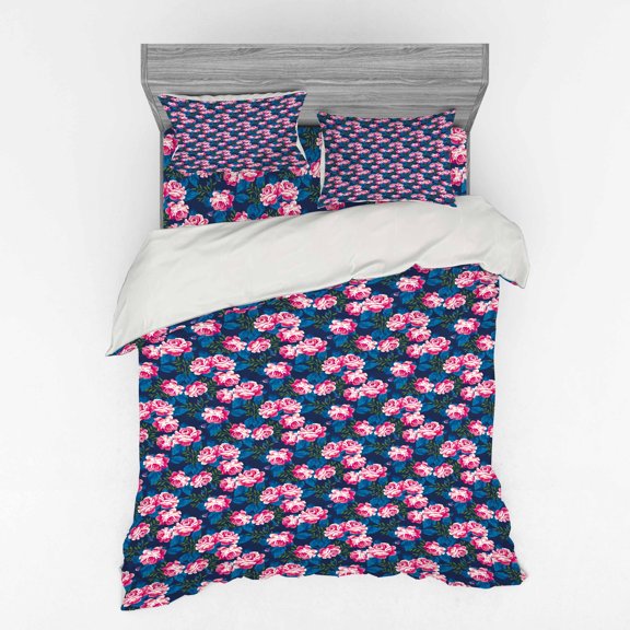 Ambesonne Floral Bedding Set 4 Pcs, Feminine Garden Tones Roses, Queen, Night Blue and Pink