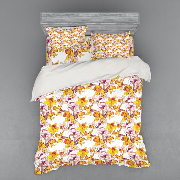 Ambesonne Floral Bedding Set 4 Pcs, Flowers Spring Romance, Queen, Multicolor