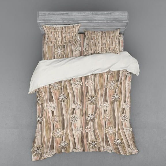 Ambesonne Floral Bedding Set 4 Pcs, Flowers on Wavy Stripes, Queen, Dark Brown Sand Brown