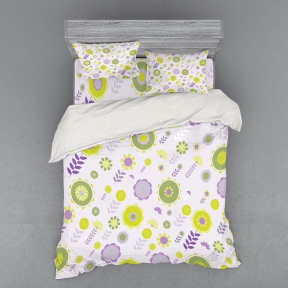 Ambesonne Floral Bedding Set 4 Pcs, Funky Flowers Pattern, Queen, Olive Green Apple