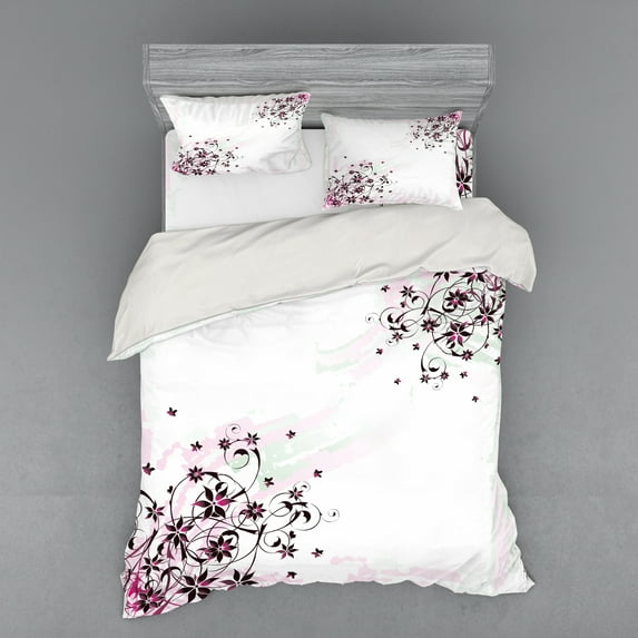 Ambesonne Floral Bedding Set 4 Pcs, Grunge Flower Motif Leaf, Queen, Black Pale Pink Mint