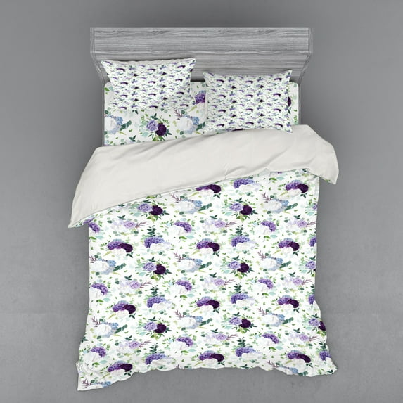 Ambesonne Floral Bedding Set 4 Pcs, Hydrangea Rose Iris Flowers, Queen, Plum Blue Violet