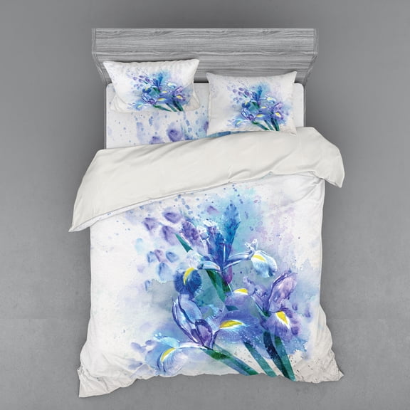 Ambesonne Floral Bedding Set 4 Pcs, Iris Fresh Colors, Queen, Lilac Teal Ecru