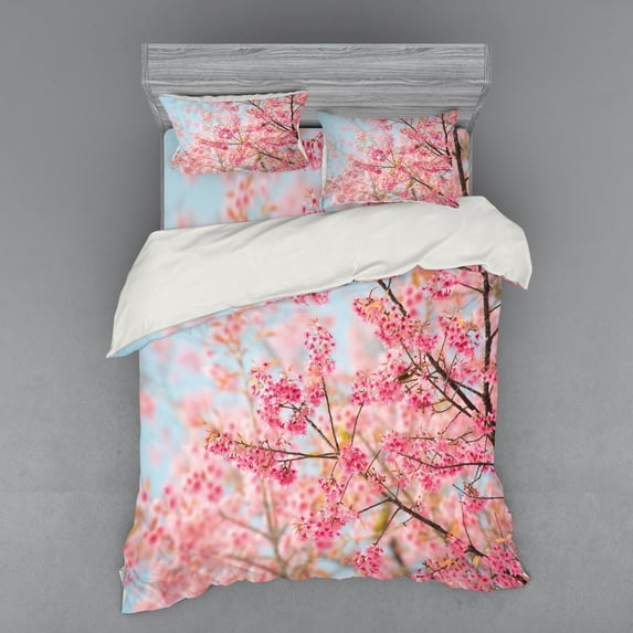 Ambesonne Floral Bedding Set 4 Pcs, Japanese Sakura Cherry, Queen, Pale Blue Pale Pink