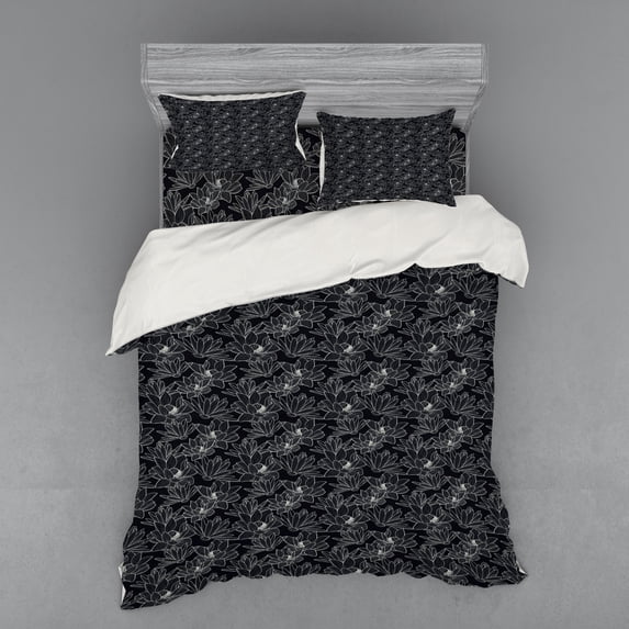 Ambesonne Floral Bedding Set 4 Pcs, Lotus Flower Drawing, Queen, Charcoal Grey Coconut
