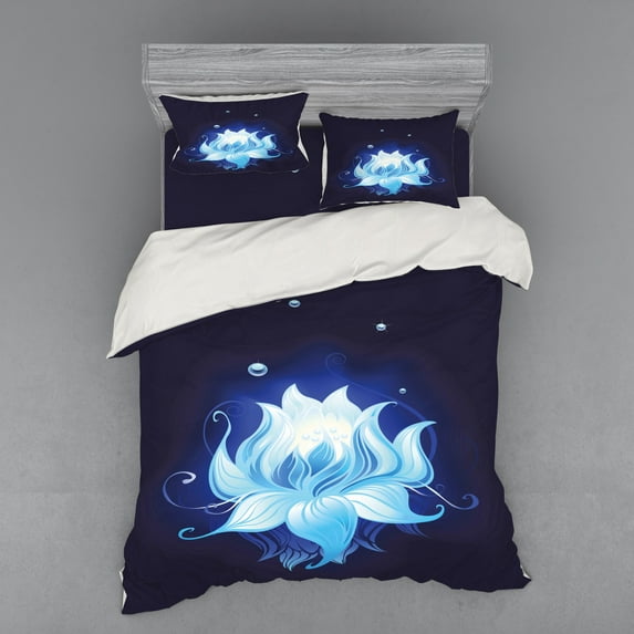 Ambesonne Floral Bedding Set 4 Pcs, Lotus with Dew Drops, Queen, Indigo Sky Blue