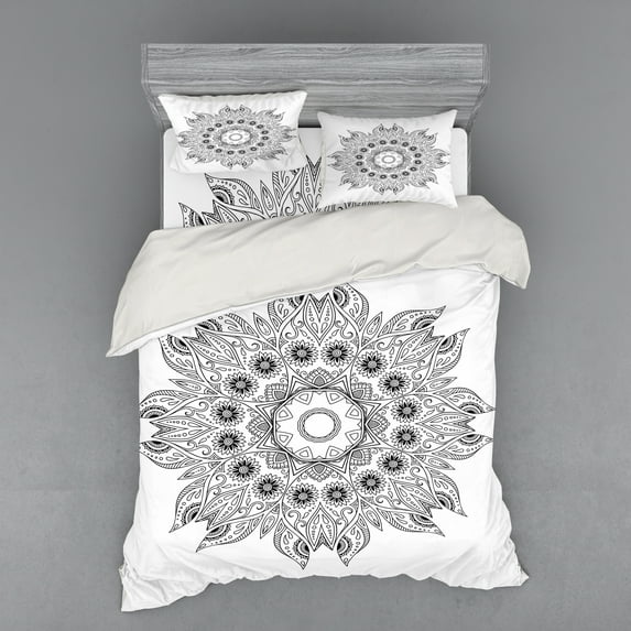 Ambesonne Floral Bedding Set 4 Pcs, Mandala Black White, Queen, Black White