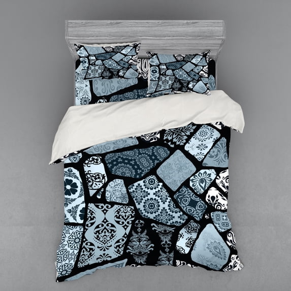 Ambesonne Floral Bedding Set 4 Pcs, Modern Geometric Shapes, Queen, Bluegrey Black White
