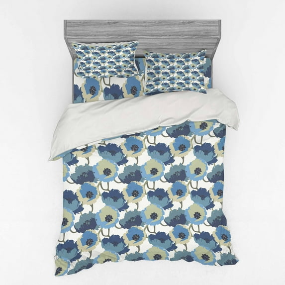 Ambesonne Floral Bedding Set 4 Pcs, Ombre Romantic Flowers, Queen, Grey Navy