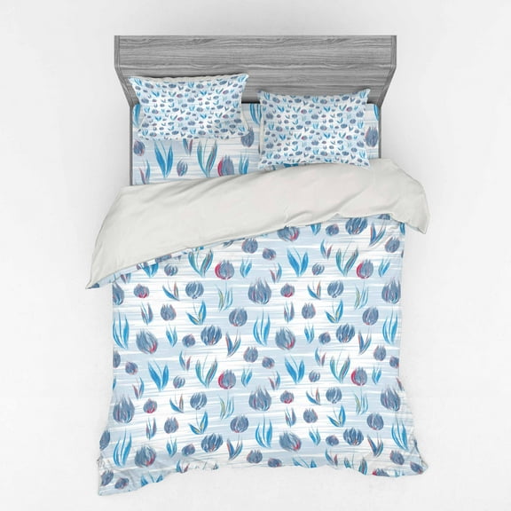 Ambesonne Floral Bedding Set 4 Pcs, Painting Effect Tulips, Queen, Blue