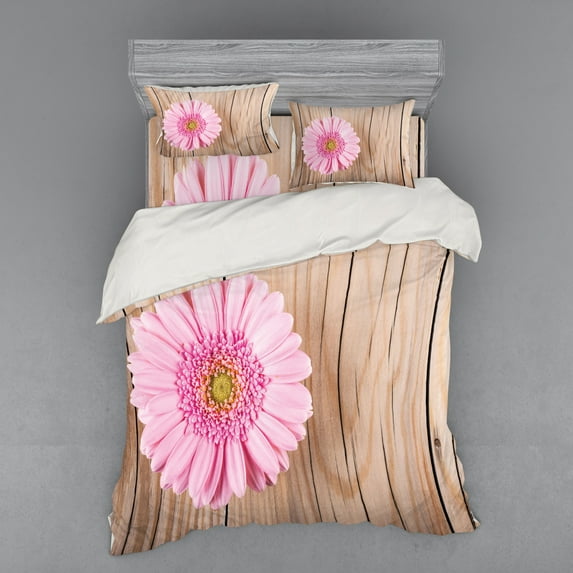 Ambesonne Floral Bedding Set 4 Pcs, Pink Gerber on Wooden, Queen, Pink Brown