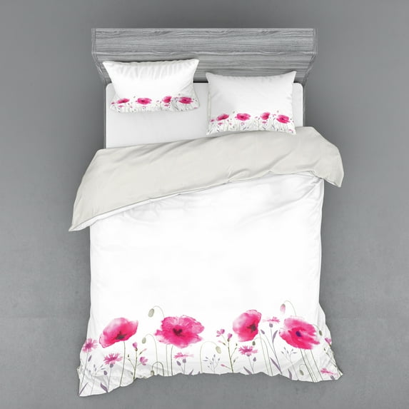 Ambesonne Floral Bedding Set 4 Pcs, Pink Poppy Flowers Art, Queen, Pink