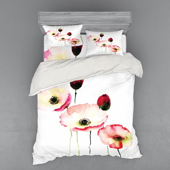 Ambesonne Floral Bedding Set 4 Pcs, Poppy Vintage Blossom, Queen, Pink Red