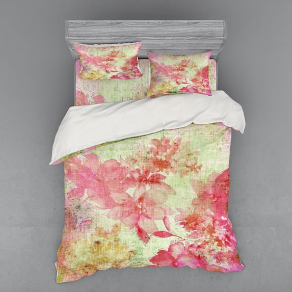 Ambesonne Floral Bedding Set 4 Pcs, Retro Design Old Grunge, Queen, Pink and Green