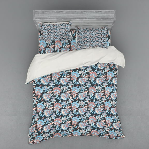 Ambesonne Floral Bedding Set 4 Pcs, Retro Folk Blossoms, Queen, Charcoal Grey Coral Blue