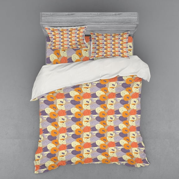 Ambesonne Floral Bedding Set 4 Pcs, Retro Poppy Blossoms, Queen, Multicolor