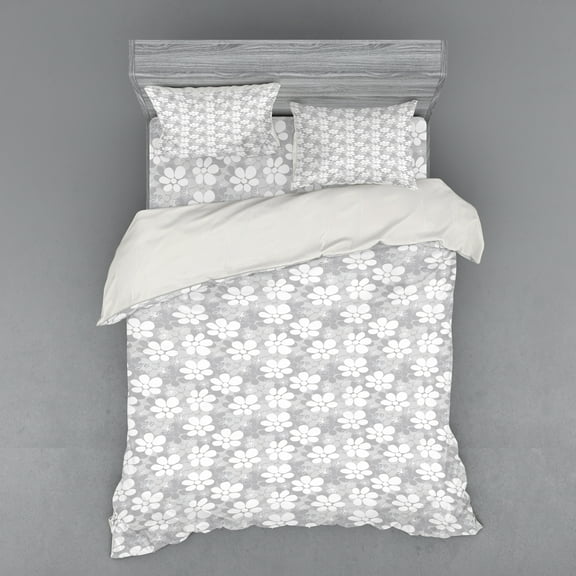 Ambesonne Floral Bedding Set 4 Pcs, Romantic Overlapping Flowers, Queen, White Grey and Pale Grey