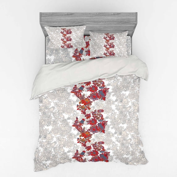Ambesonne Floral Bedding Set 4 Pcs, Romantic Vİbrant Boho, Queen, Red Black Grey