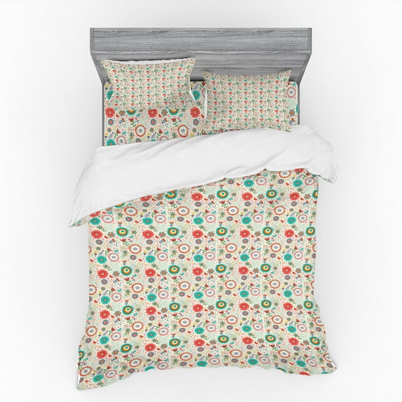 Ambesonne Floral Bedding Set 4 Pcs, Scandinavian Flowers Spring, Queen, Eggshell Multicolor