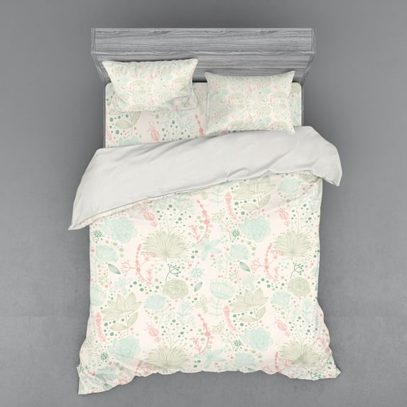 Ambesonne Floral Bedding Set 4 Pcs, Soft Toned Nature Theme, Queen, Pale Green Mint Green