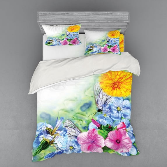 Ambesonne Floral Bedding Set 4 Pcs, Spring Blossom, Queen, Multicolor