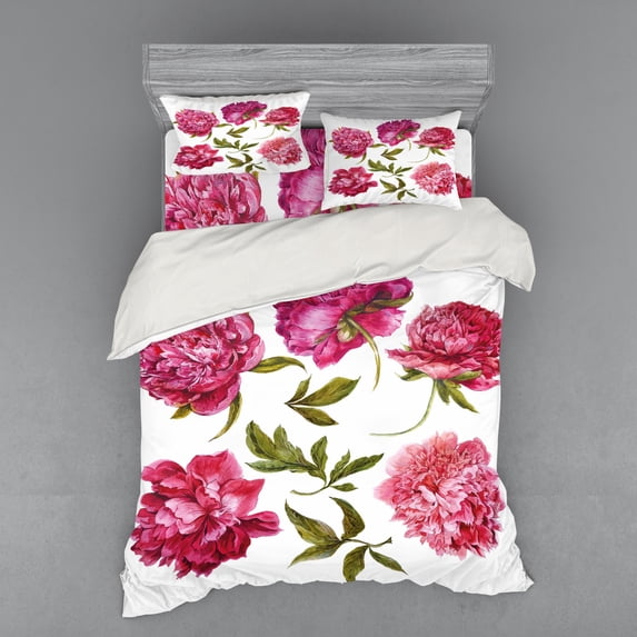 Ambesonne Floral Bedding Set 4 Pcs, Spring Buds Vivid Tones, Queen, Olive Green Magenta