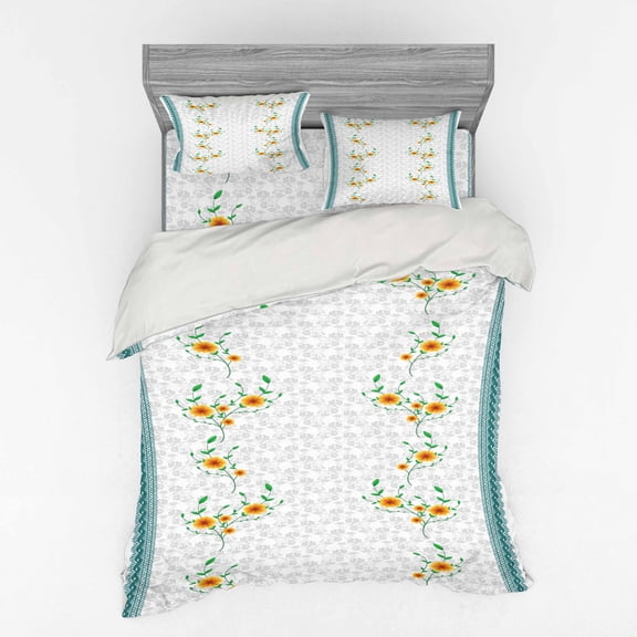 Ambesonne Floral Bedding Set 4 Pcs, Spring Flowers on Curls, Queen, Teal Marigold
