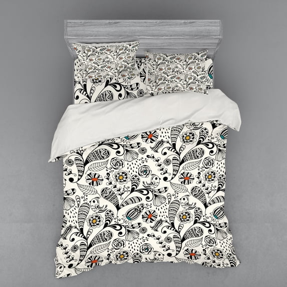Ambesonne Floral Bedding Set 4 Pcs, Spring Foliage Ethnic, Queen, Cream Grey