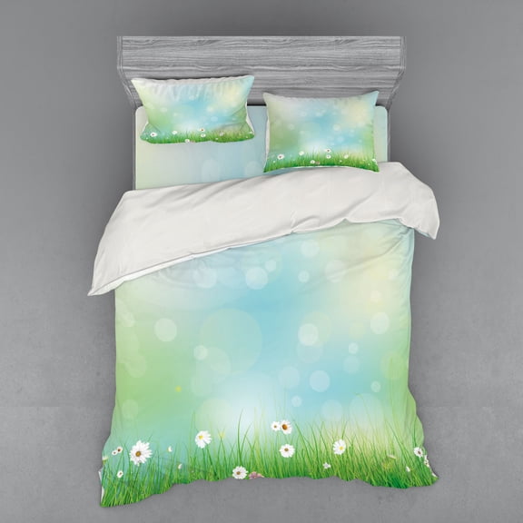 Ambesonne Floral Bedding Set 4 Pcs, Spring Nature Field, Queen, Green Blue