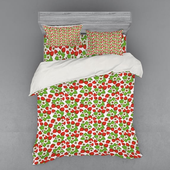 Ambesonne Floral Bedding Set 4 Pcs, Strawberries Summertime, Queen, Vermilion Green Pink