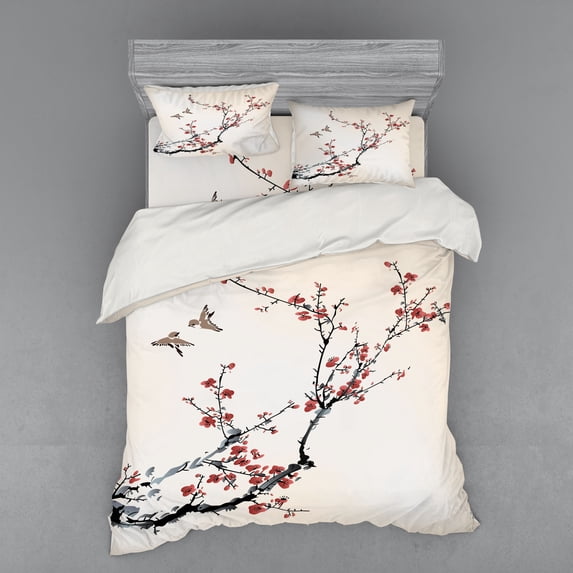 Ambesonne Floral Bedding Set 4 Pcs, Style Art Birds, Queen, Pale Maroon Black