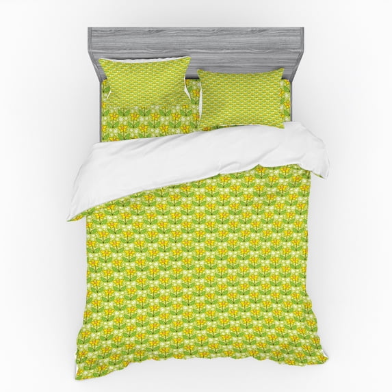 Ambesonne Floral Bedding Set 4 Pcs, Summer Botany Pattern, Queen, Yellow Green Multicolor
