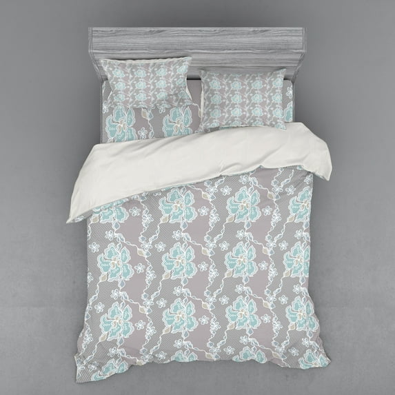 Ambesonne Floral Bedding Set 4 Pcs, Victorian Vintage Soft, Queen, Grey Seafoam Tan