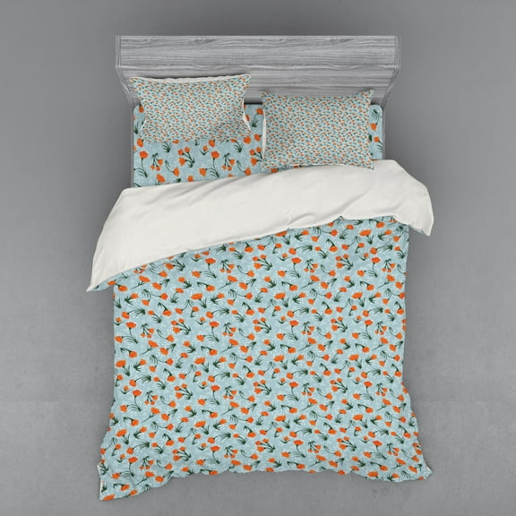 Ambesonne Floral Bedding Set 4 Pcs, Vintage Flowers on Branches, Queen, Pale Blue Burnt Orange