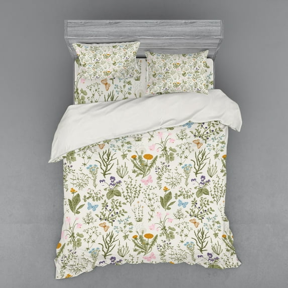 Ambesonne Floral Bedding Set 4 Pcs, Vintage Garden Plants, Queen, Reseda Green Beige