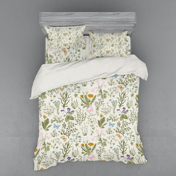 Ambesonne Floral Bedding Set 4 Pcs, Vintage Garden Plants, Queen, Reseda Green Beige