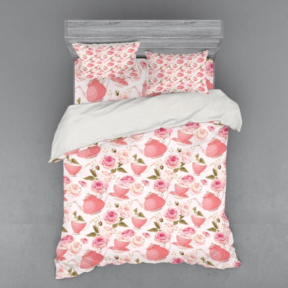 Ambesonne Floral Bedding Set 4 Pcs, Vintage Tea Cups Roses, Queen, Fern Green Pale Pink