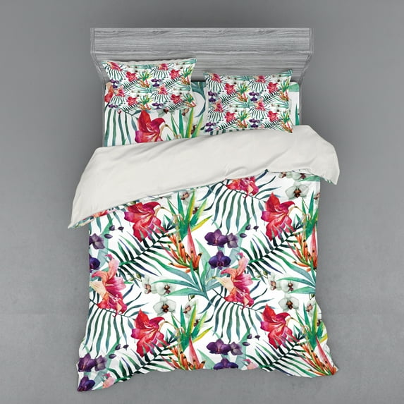 Ambesonne Floral Bedding Set 4 Pcs, Watercolor Art Tropical, Queen, Multicolor