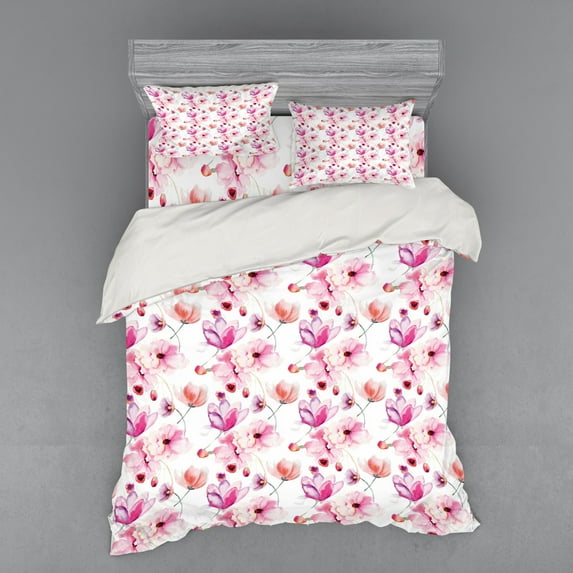 Ambesonne Floral Bedding Set 4 Pcs, Watercolor Spring Blooms, Queen, Pink Purple Coral