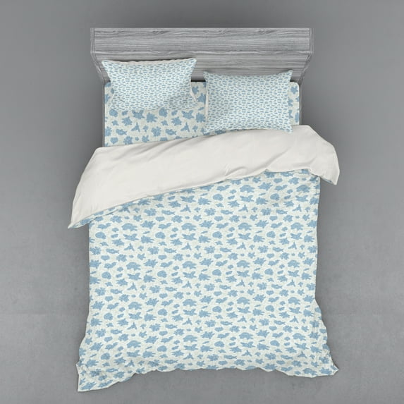 Ambesonne Floral Bedding Set 4 Pcs, Willow Flowers Pattern, Queen, Pale Blue Slate Blue