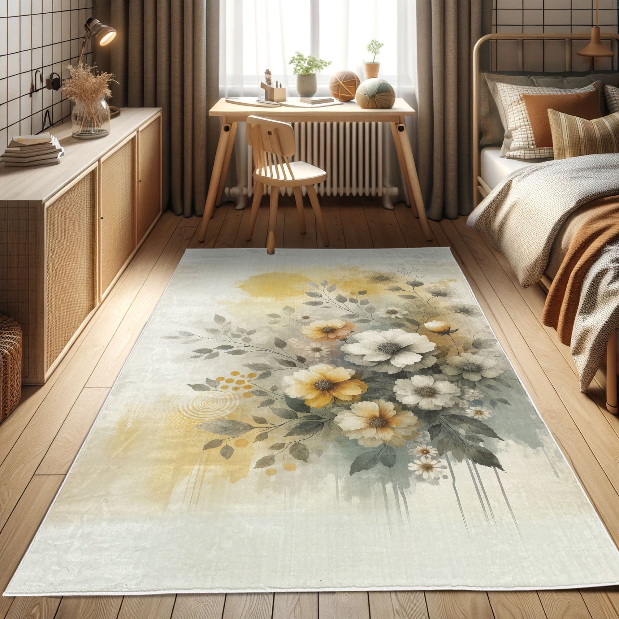 Blue and Yellow Floral Synthetic Easy Care Rectangular Rug