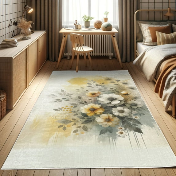 Ambesonne Floral Boho Decorative Rug Carpet, Dreamy Floral Bouquet, 2' 5" x 5', Blue Grey Earth Yellow