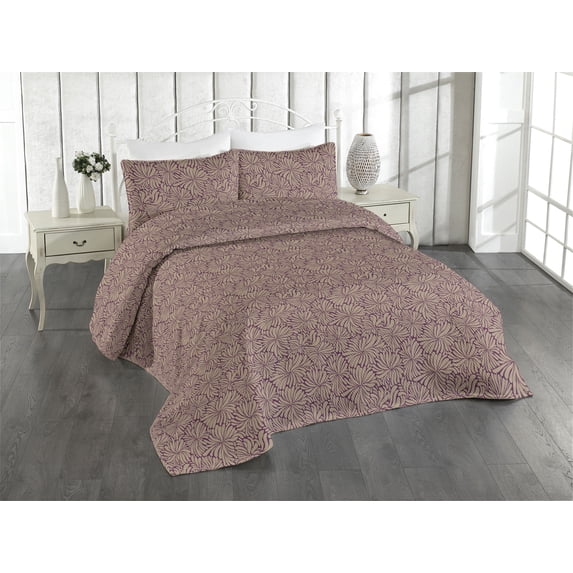 Ambesonne Floral Boho Design Quilted Bedspread Set 3 Pcs, Autumnal Botany, Twin, Dark Tan Purple