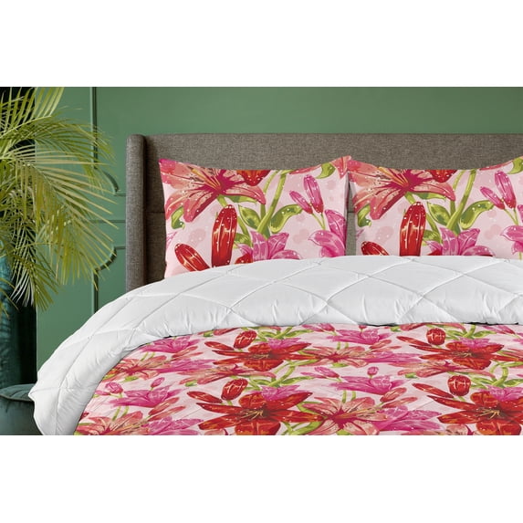 Ambesonne Floral Boho Down Alternative Quilt Comforter, Fantasy Tiger Lily Art, Full, Dark Coral Hot Pink