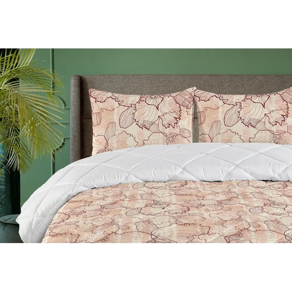 Ambesonne Floral Boho Down Alternative Quilt Comforter, Retro Lilac Flowers Art, Full, Champagne Burnt Sienna