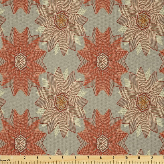 Ambesonne Floral Boho Fabric by the Yard Microfiber, Earthy Oriental Mandala, 2 Yards, Pale Blue Grey Rust