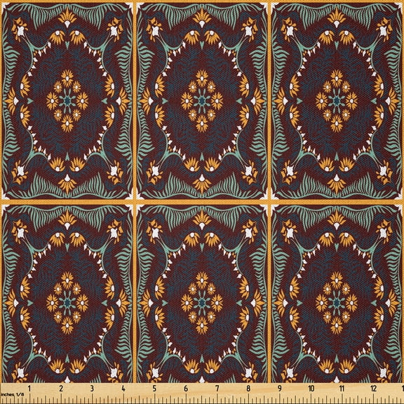 Ambesonne Floral Boho Fabric by the Yard Microfiber, Vintage Colorful Flower, 3 Yards, Earth Yellow Almond Green